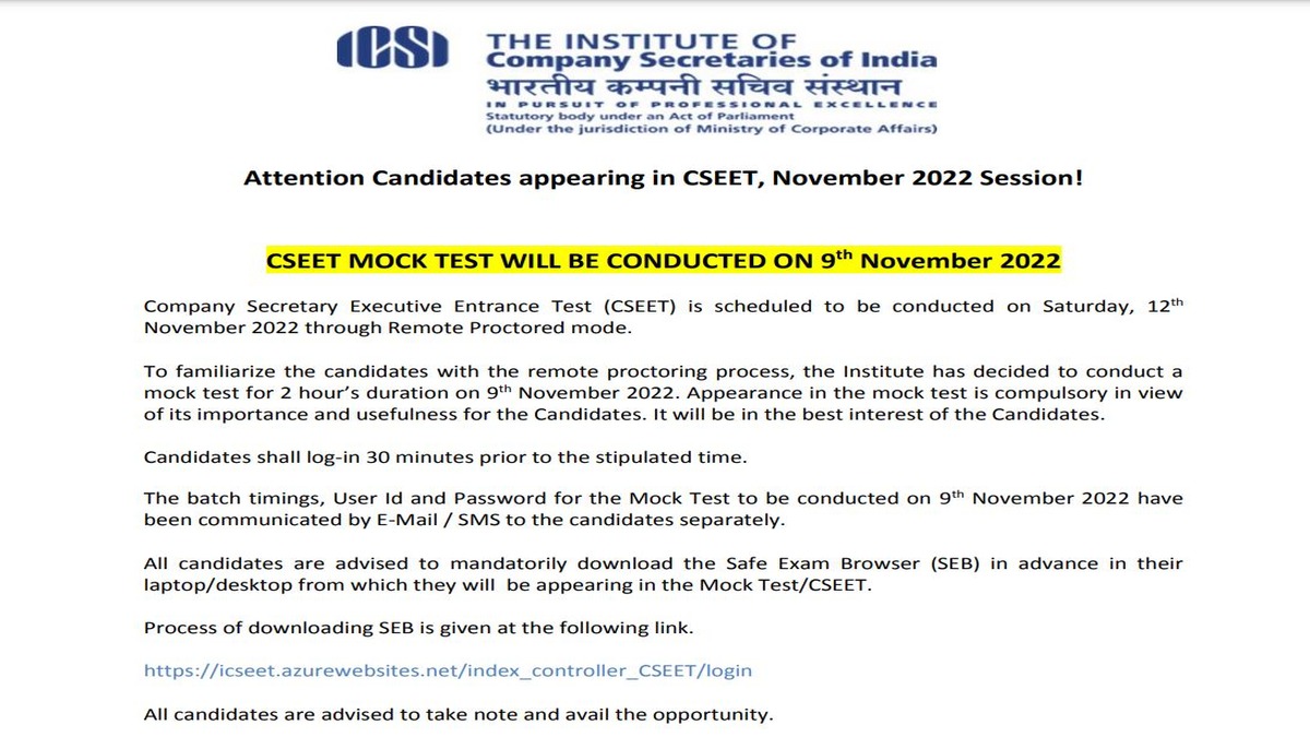CSEET Mock Test 2022 To Be Held on 9 Nov