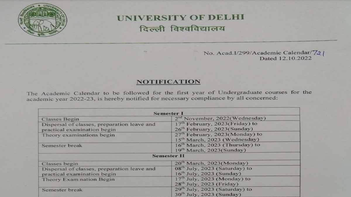 DU UG Academic Calendar 202223 (Released) Check Delhi University