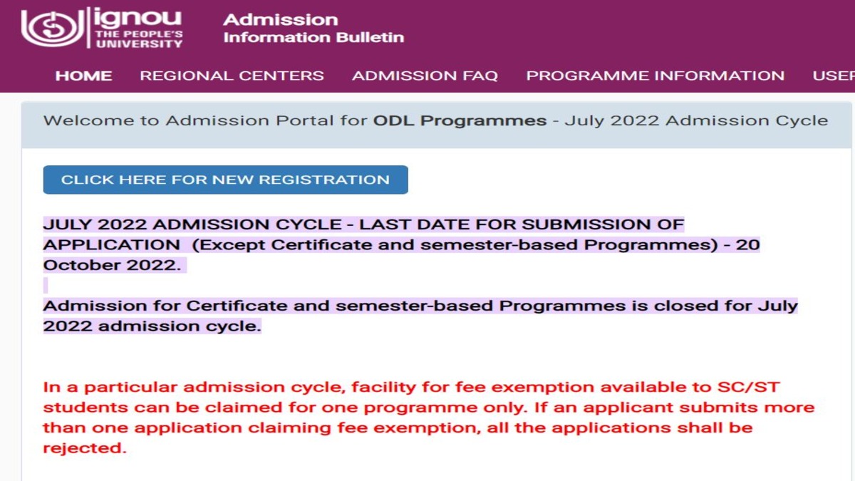 IGNOU Registration 2022 for July Session To End Today