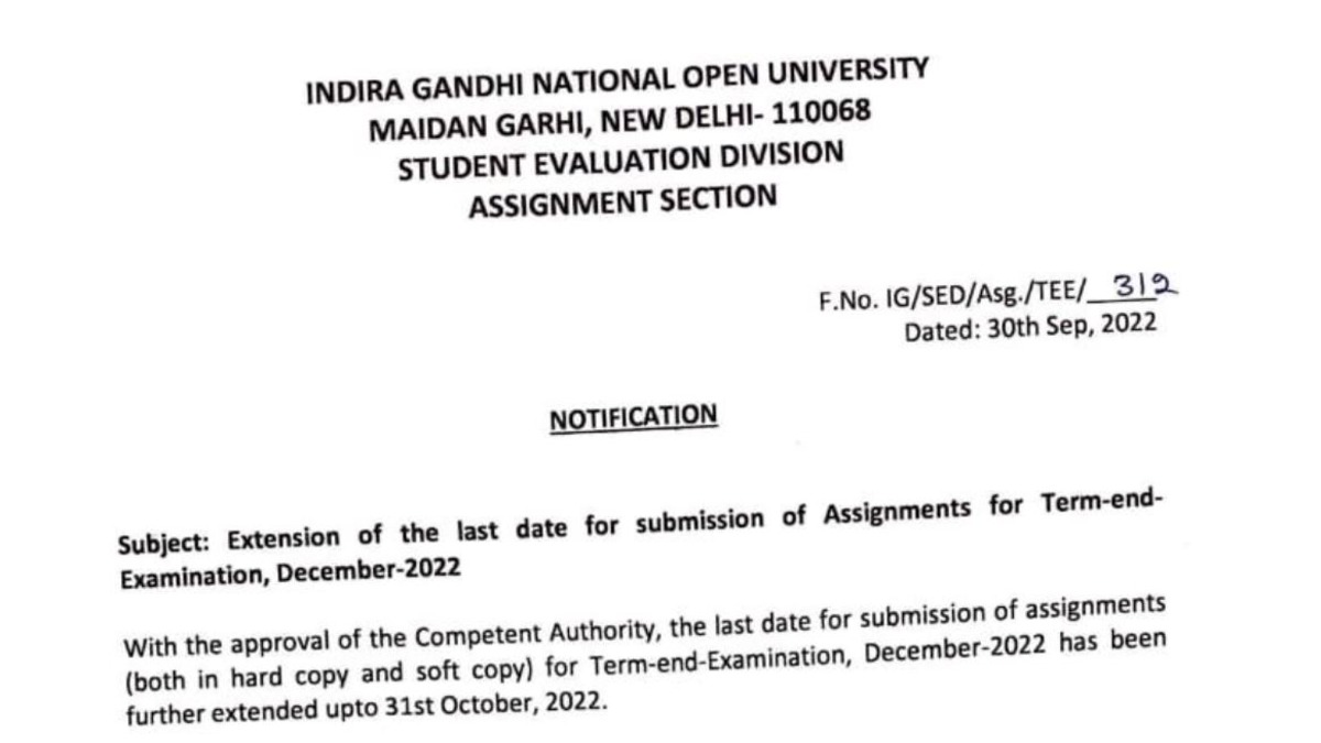 IGNOU December TEE 2022 Assignment Submission Date Extended