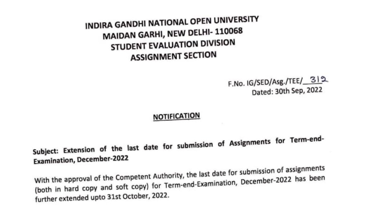 ignou assignment submission date december 2022