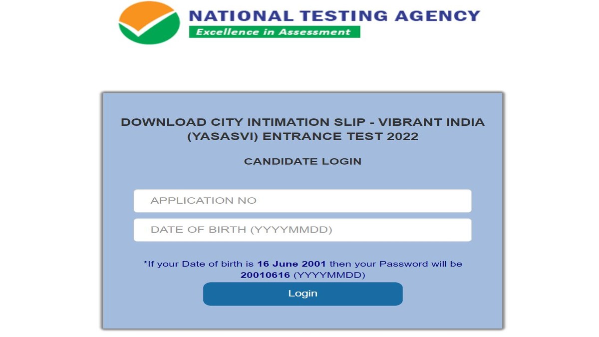 PM YASASVI 2022 Advanced Exam City Intimation Slip