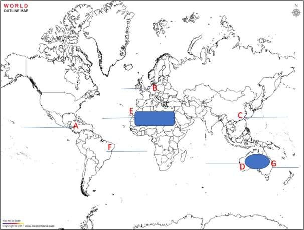 On the given political map of the world, the following seven features are shown