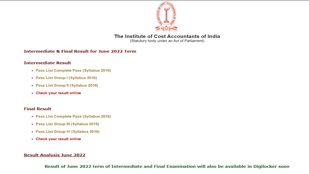 ICMAI CMA June 2022 Session Result