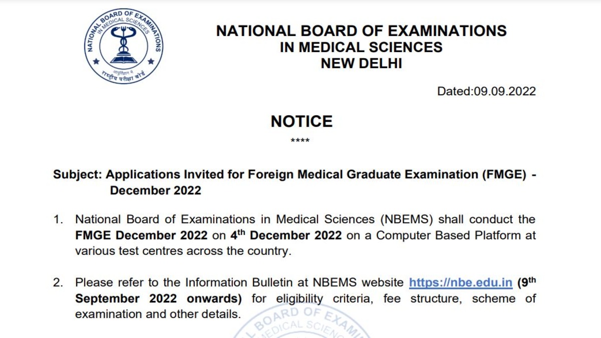 FMGE 2022 Exam Date (OUT) NBE Releases FMGE December Session Exam
