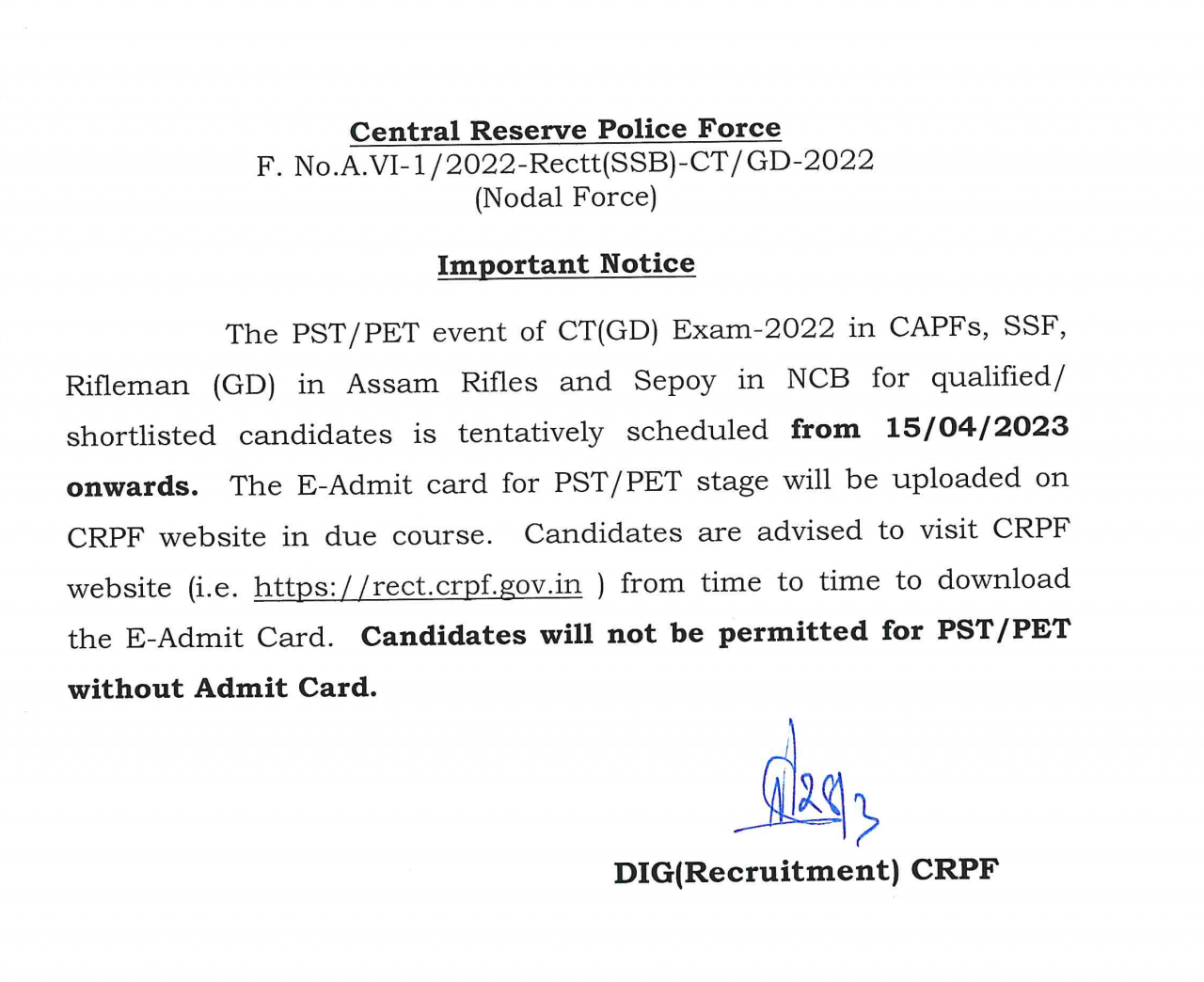 SSC GD 2023 PET PST Exam Date Paper 1 Result Notification Eligibility