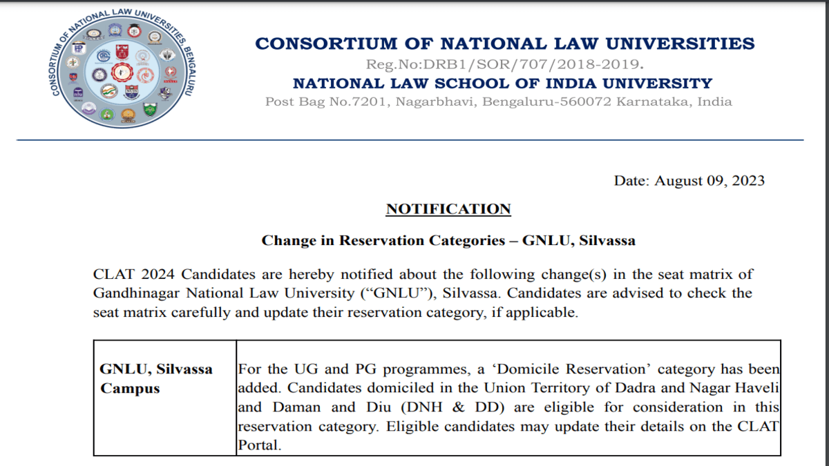 CLAT 2024 Gandhinagar National Law University adds domicile