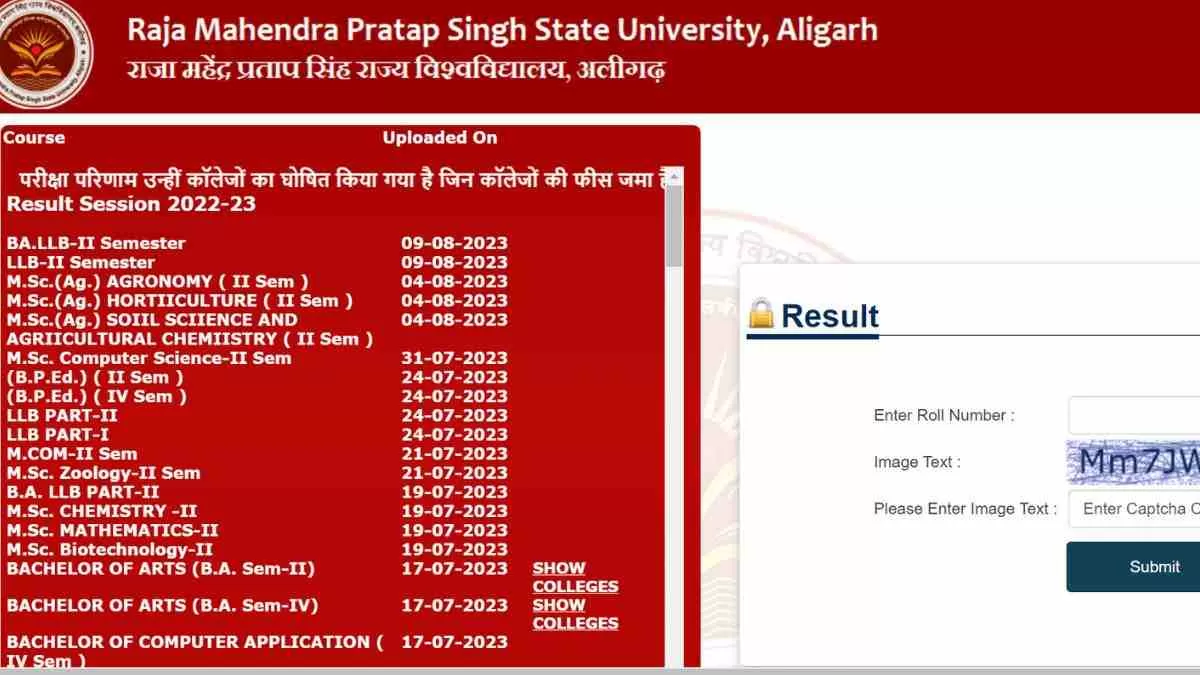 Raja Mahendra Pratap Singh University Result Declared जारी हुआ राजा