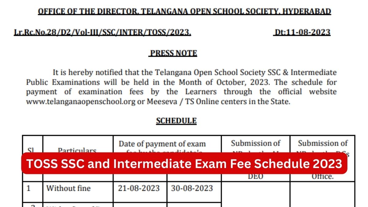 TOSS SSC and Inter Exam Fee Schedule 2023