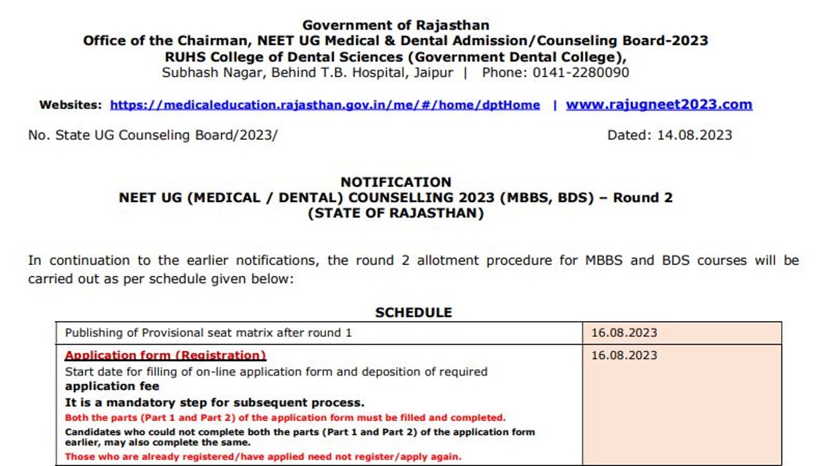 Rajasthan NEET UG Counselling 2023 Application Begins for Round 2