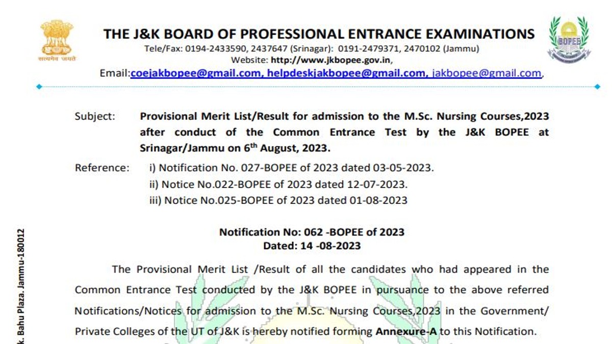 JKBOPEE MSc Nursing Provisional Merit List 2023 Released