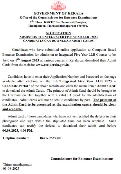 KLEE 2023 admit card