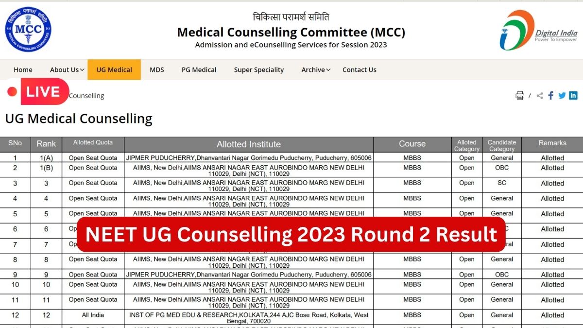 NEET Seat Allotment 2023 Live Updates: NEET UG Round 2 Allotment List ...