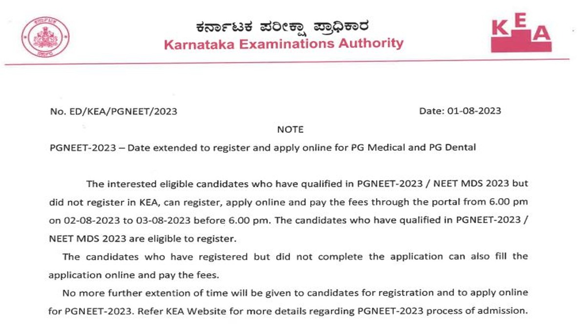 Karnataka KEA NEET PG Counselling 2023 Registrations Extended