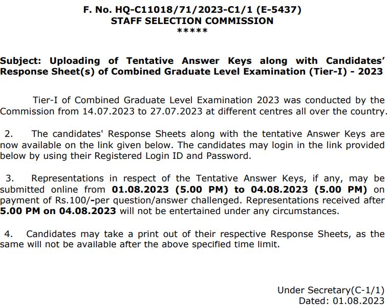 SSC CGL Answer Key 2023 Out Download CGL Tier 1 Answer Key Link