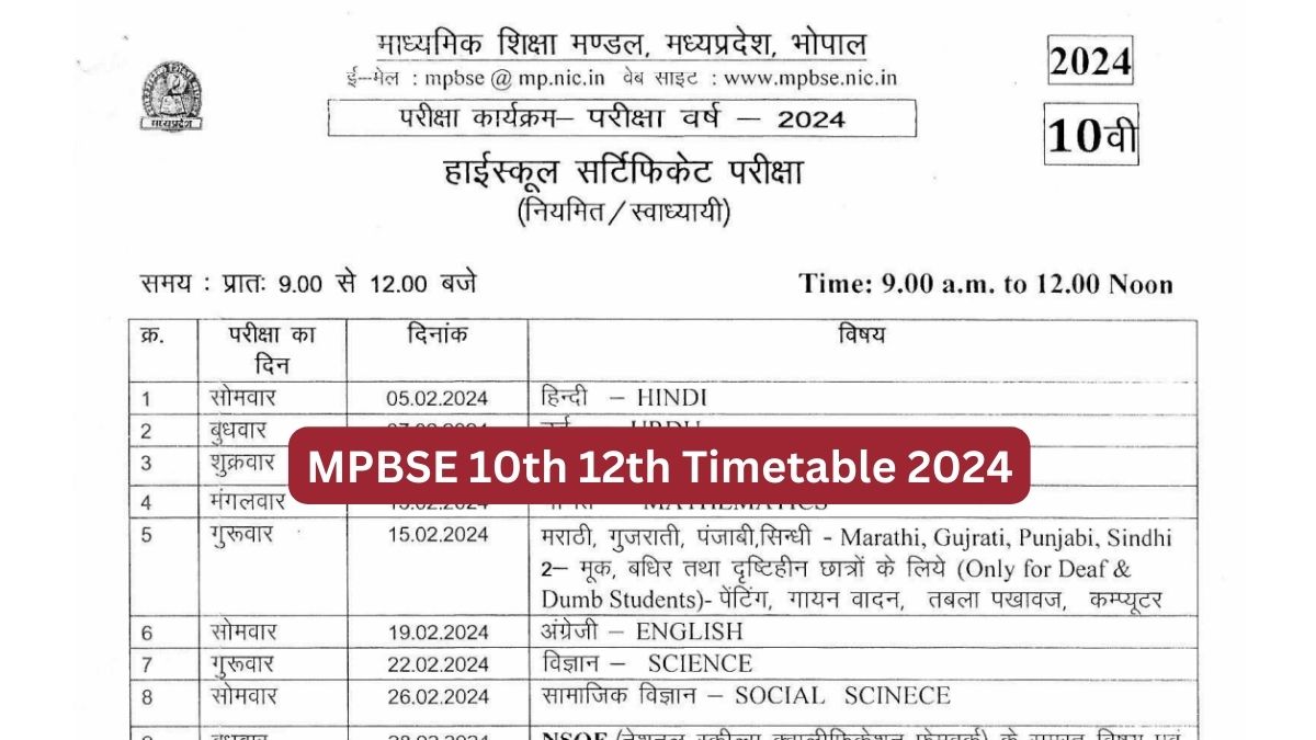 MPBSE Timetable 2024 Released Check Class 10, 12 Datesheet Here