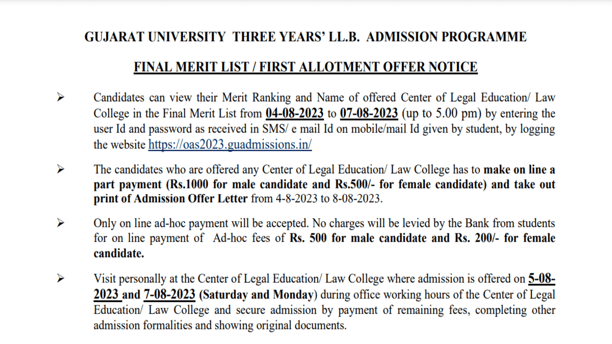 Gujarat University LLB final merit list 2023 for round 1