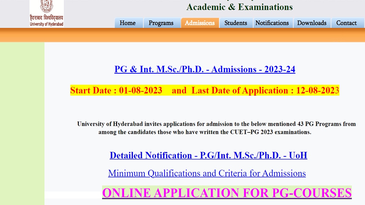 Hyderabad University PG Admission 2023