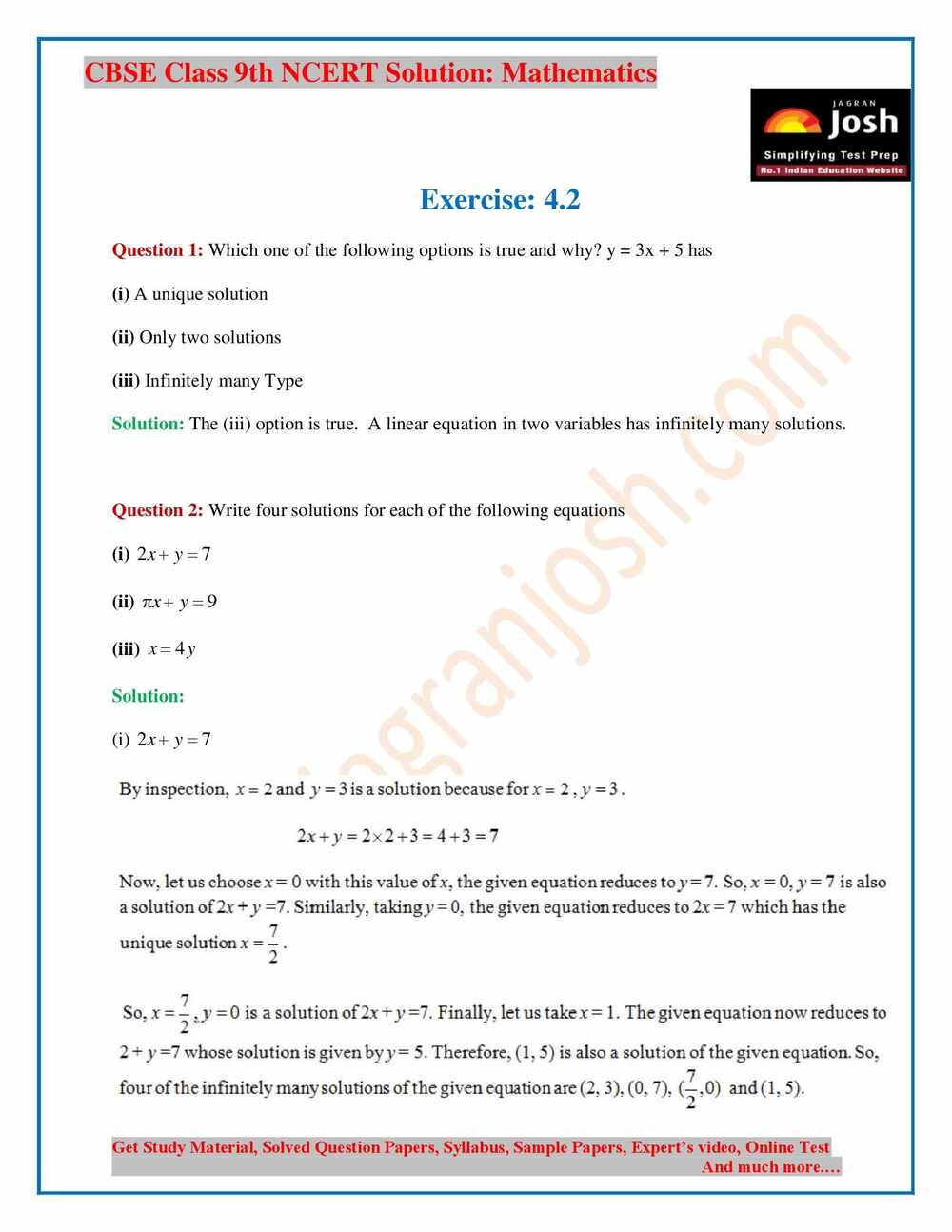 इयत्ता 9वी गणितासाठी NCERT सोल्युशन्स धडा 4 व्यायाम 2 पृष्ठ 1