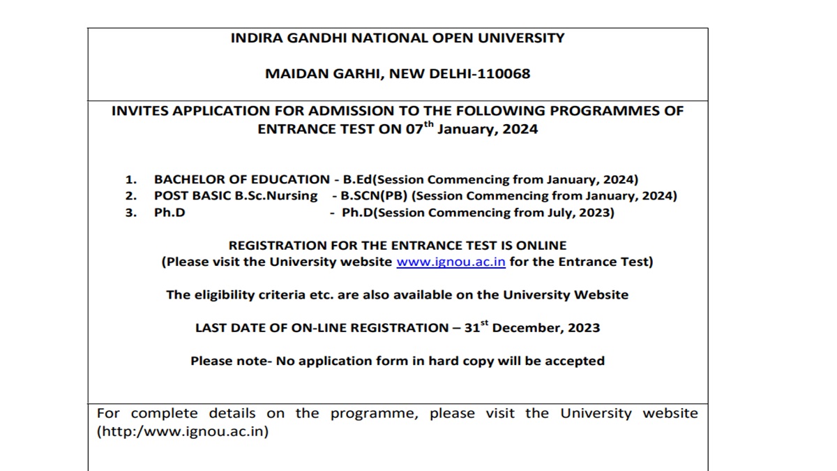 IGNOU Entrance Test 2024 Registration Link Available At Ignou.ac.in ...