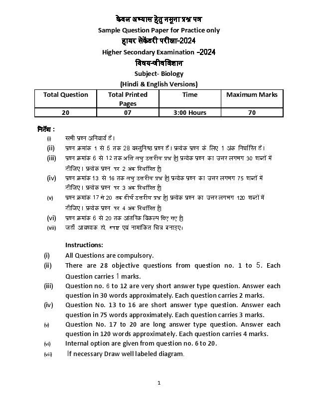 MP Board 12th Biology Model Paper 2024: Download Class 12 Biology Sample Paper PDF
