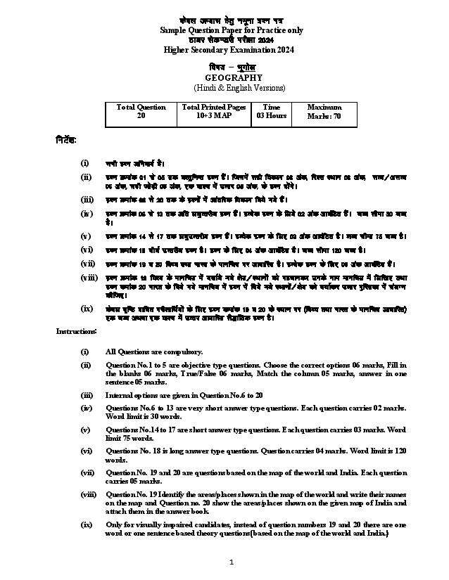 MP Board 12th Geography Model Paper 2024: Download Class 12 Geography Sample Paper PDF