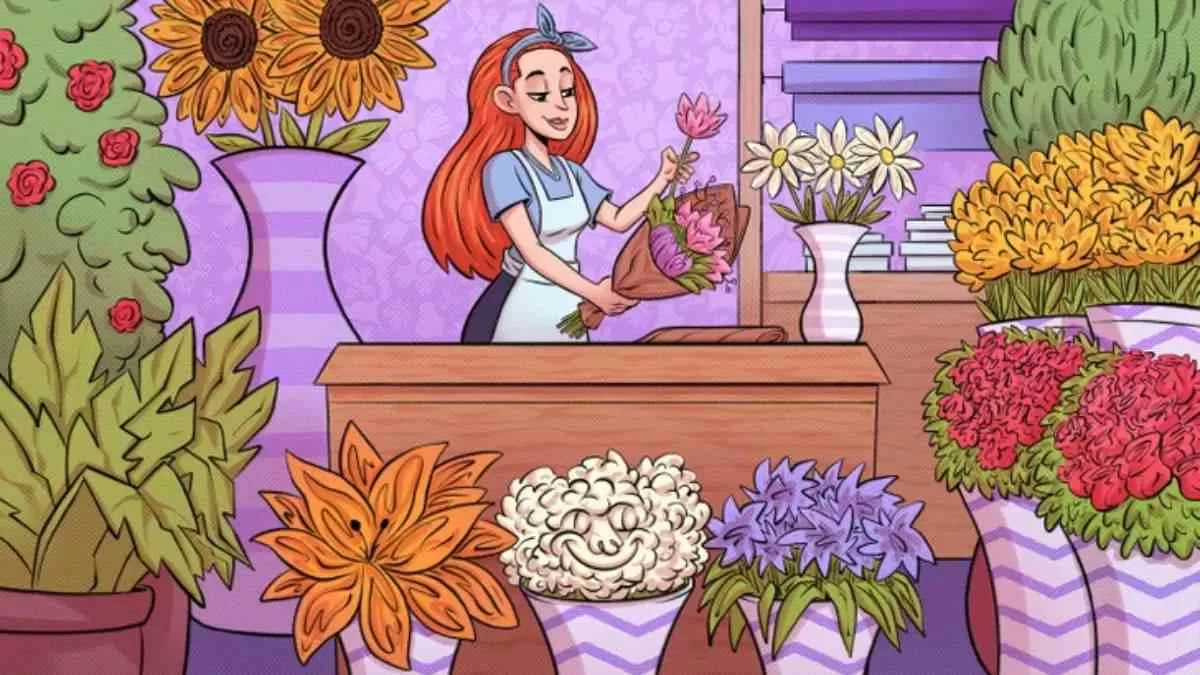 Can you find three hidden faces in the florist’s shop?