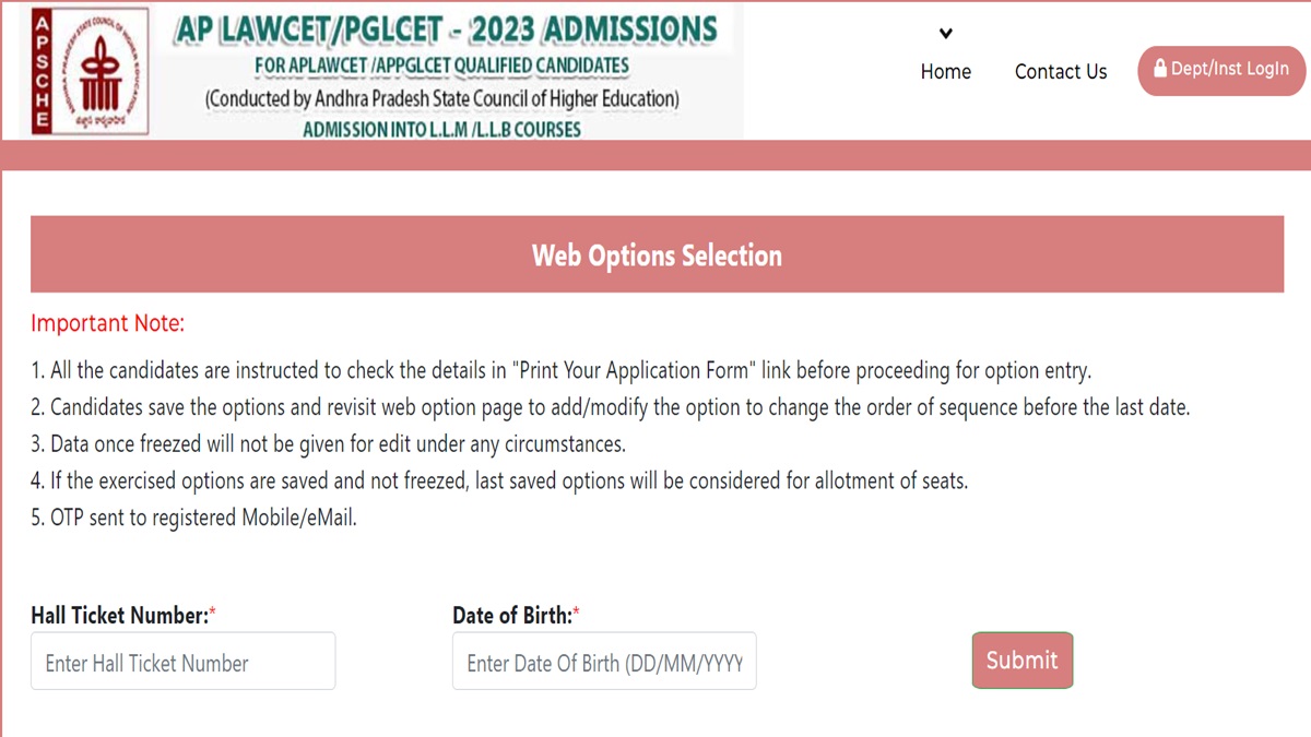 AP LAWCET Phase 2 Counselling Web Options Entry