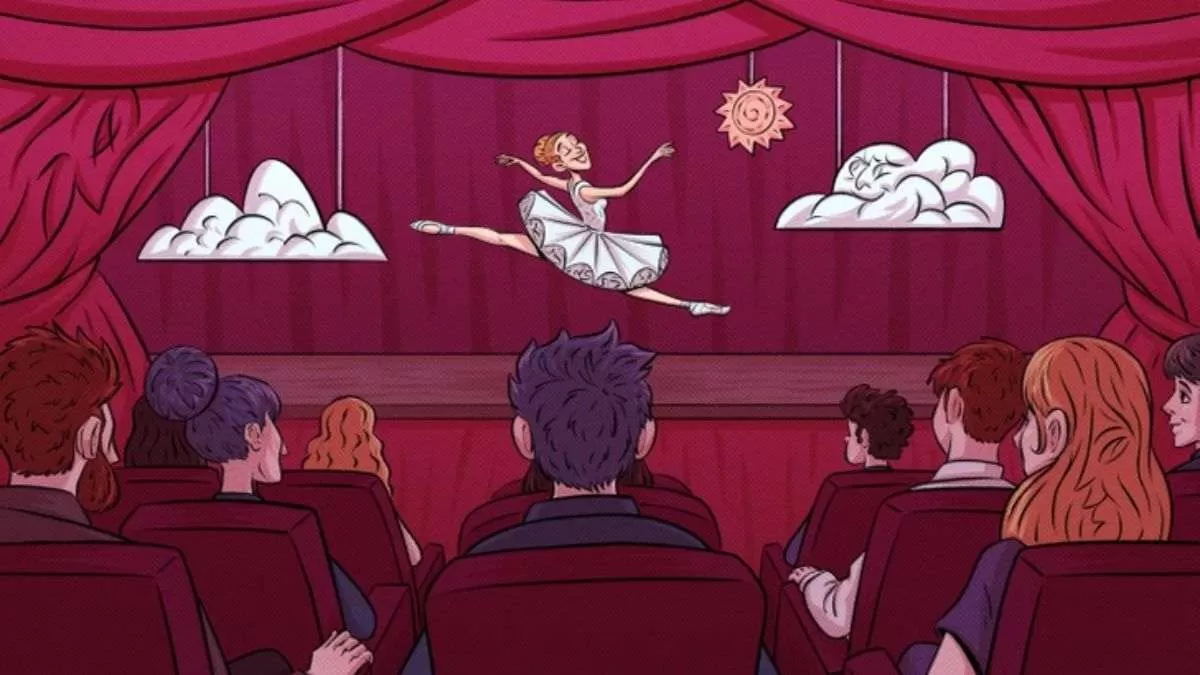 Find three hidden faces in this illustration of ballerina performing on stage.