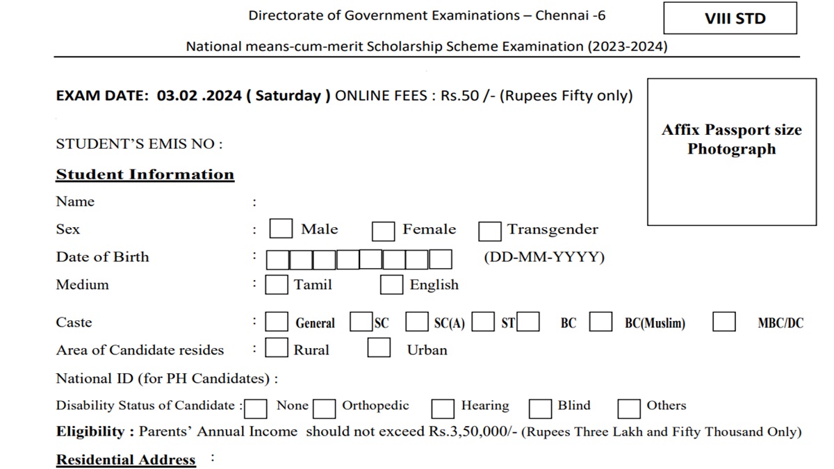 TN NMMS 2024 February Exam Scholarship Applications
