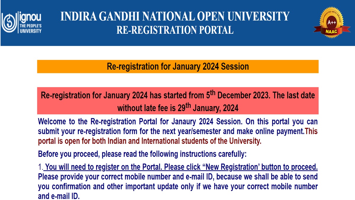 IGNOU January 2024 re-registration link open