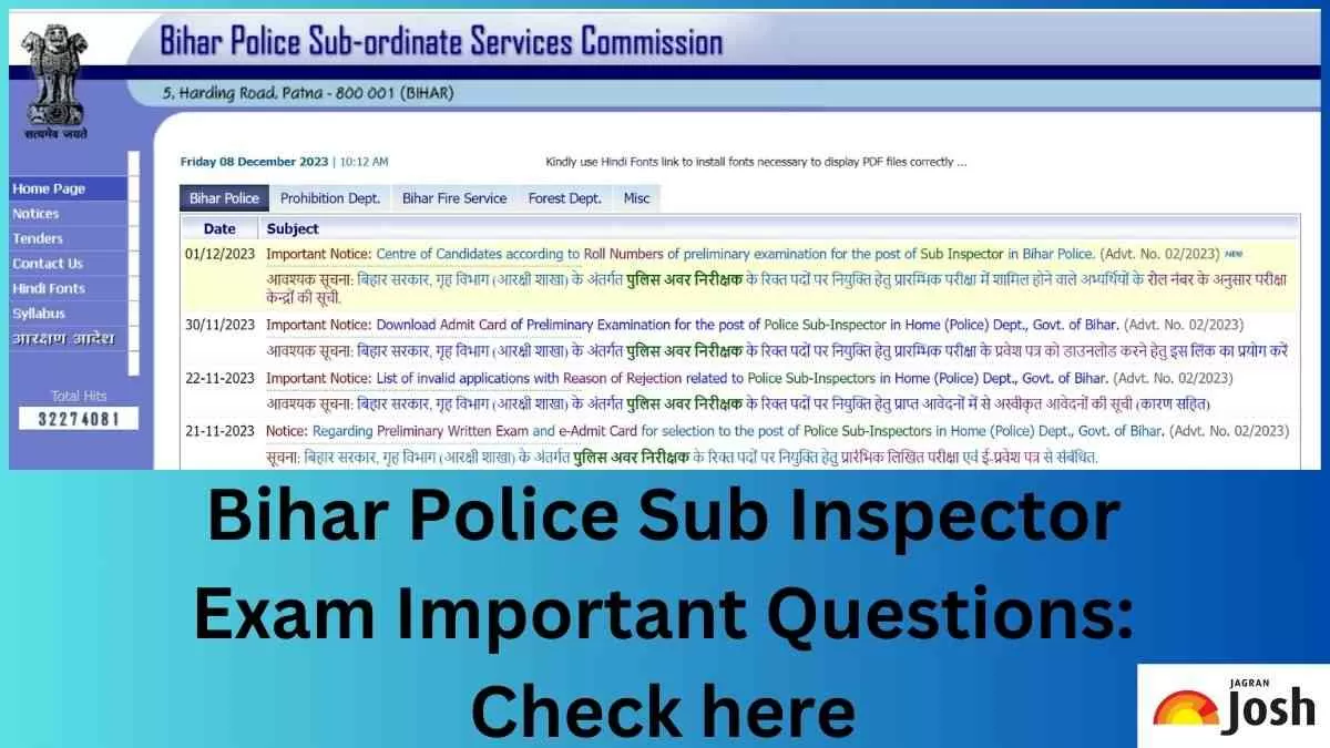 Get important questions of Bihar Police SI Exam 2023 here.