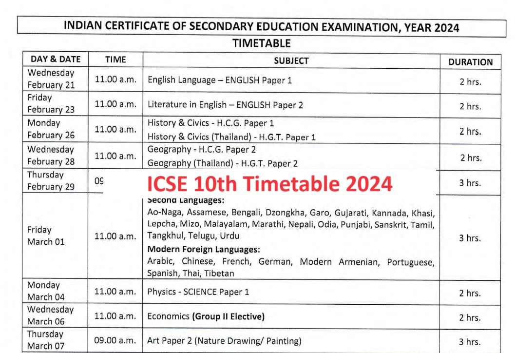2024 Board Exam Date Sheet Class 10th Icse Vida Lavena