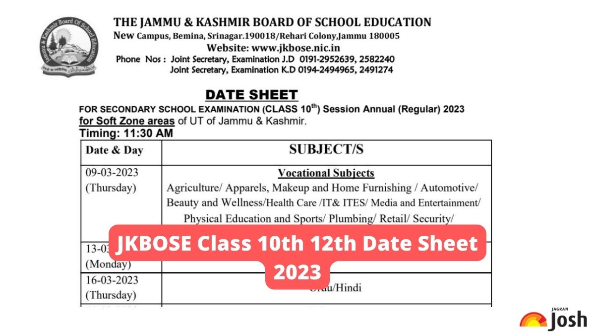 JKBOSE Class 10th 12th Date Sheet 2023 Released 