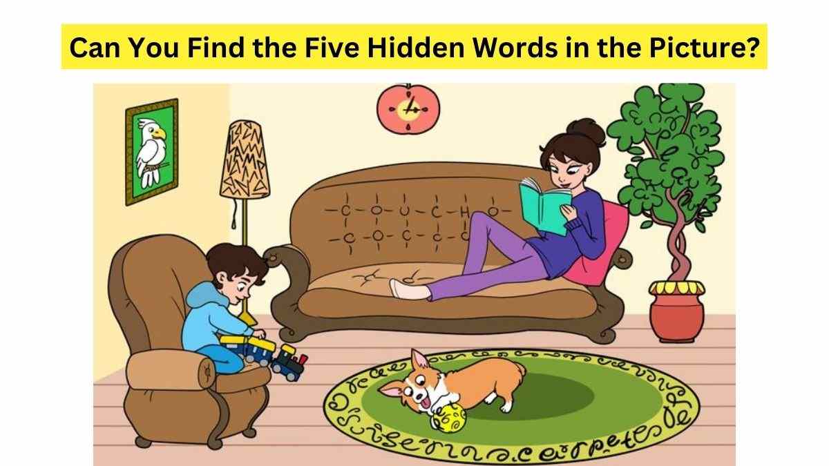 What are the five hidden words in the Living Room picture?