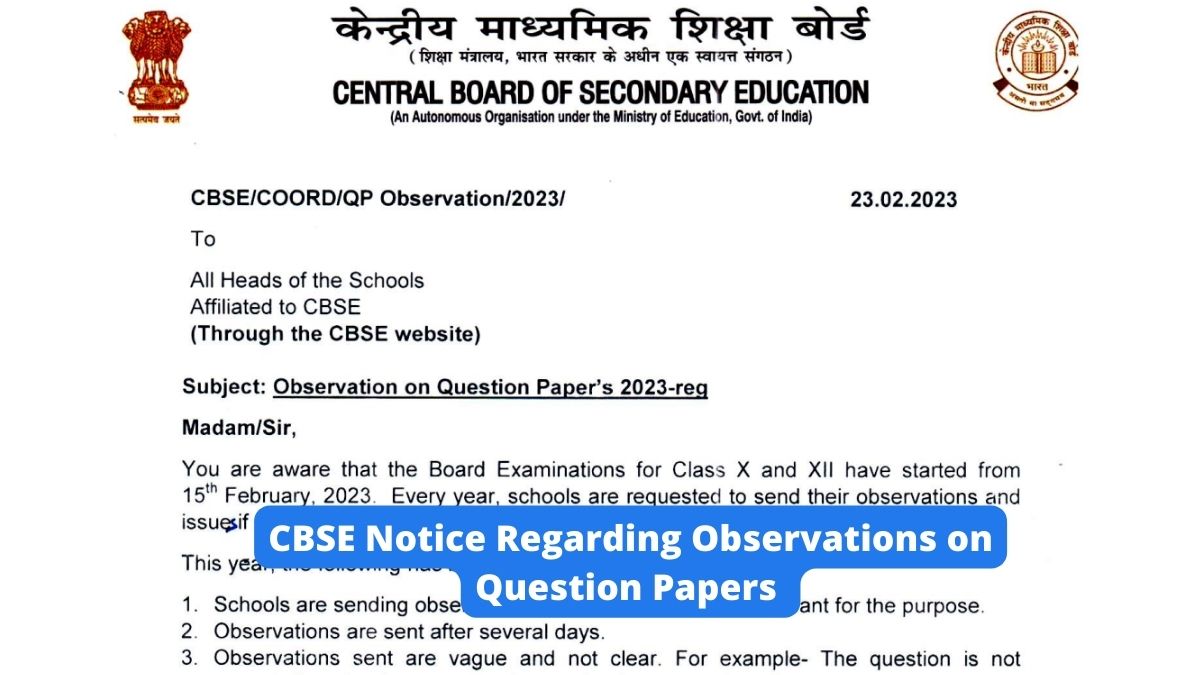CBSE Releases Notice Regarding Sending Observations on Question Papers 