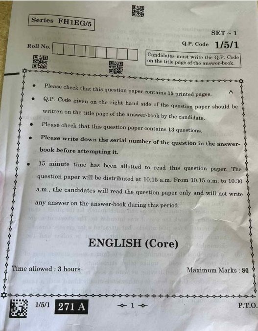 CBSE English Class 12 Question Paper Set-1