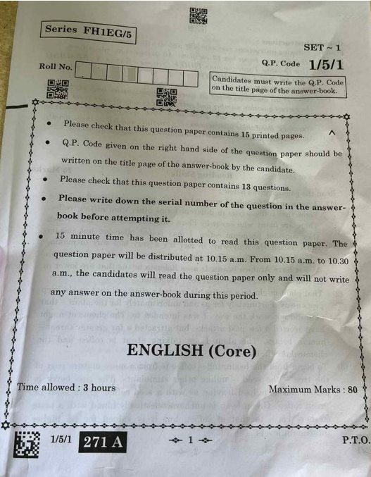 CBSE Class 12 English Question Paper 2023 Download PDF