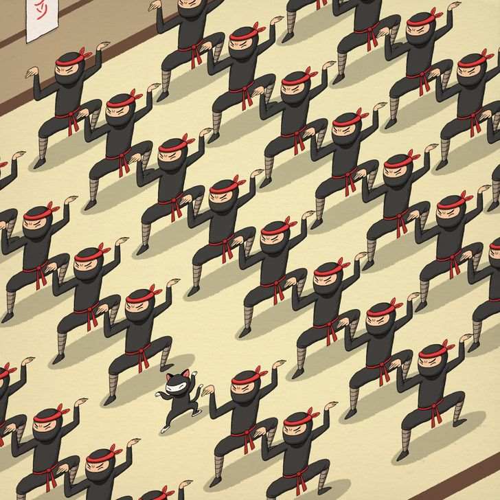 Optical Illusion For Testing Your Iq Only 5 Can Spot The Cat Hidden Among Ninjas In Picture 