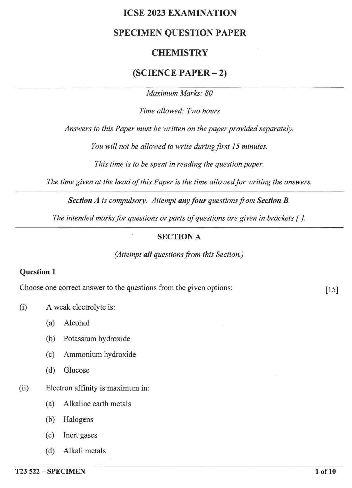 ICSE Chemistry Specimen Paper 2023: CISCE Class 10 Chemistry Sample ...