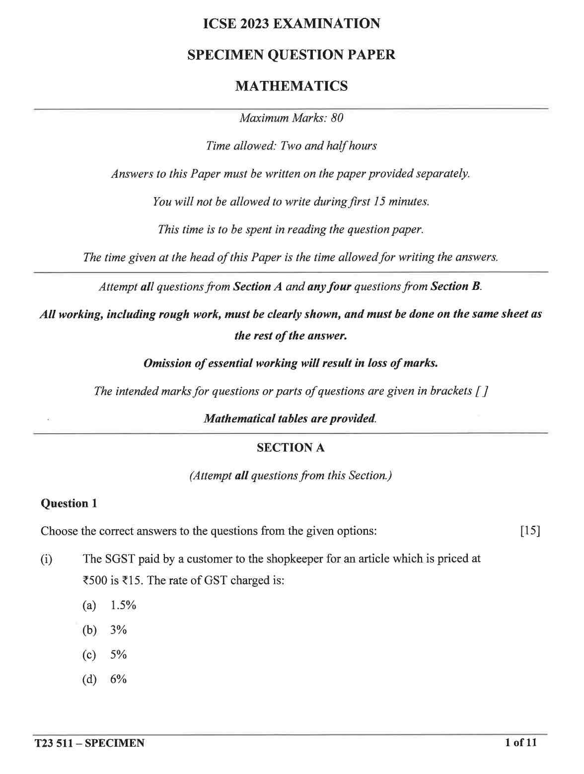 ICSE Maths Specimen Paper 2023 CISCE Class 10 Maths Sample Paper 