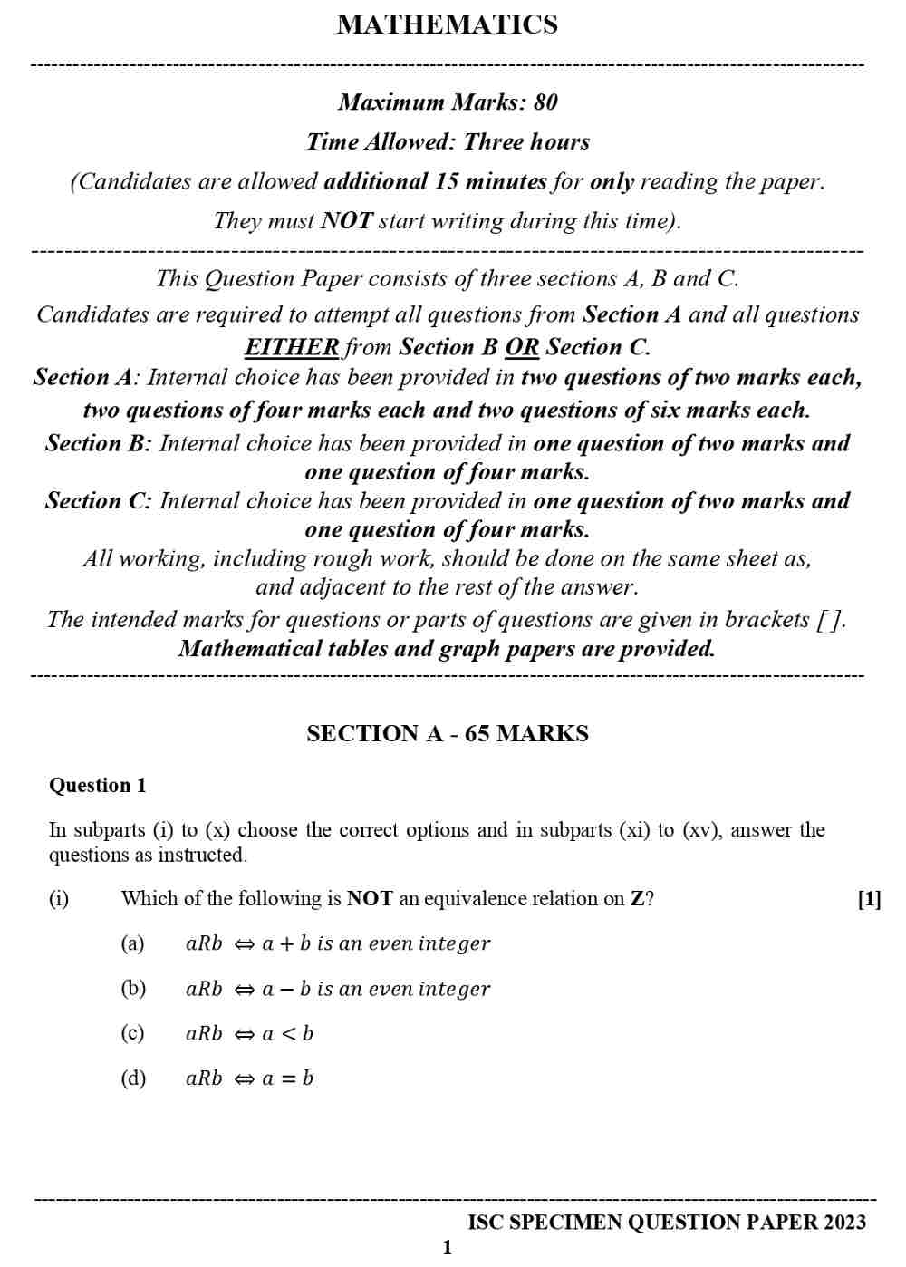 ISC Class 12 Maths Specimen Paper 2023 Image 1