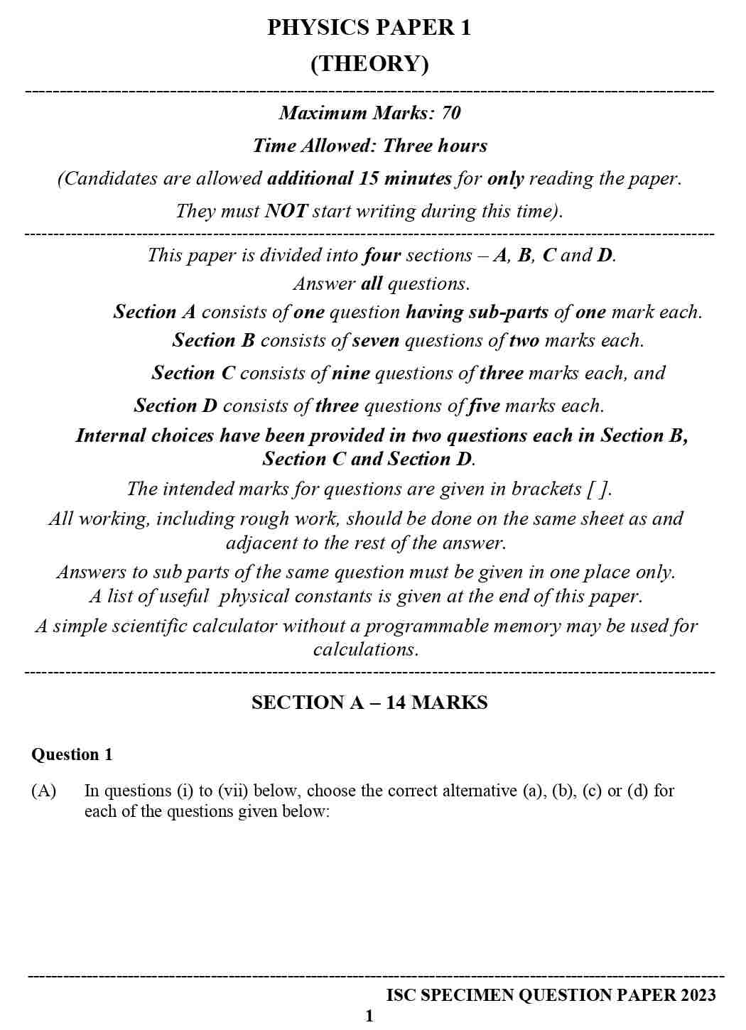 ISC Class 12 Physics Specimen Paper 2023 Image 1