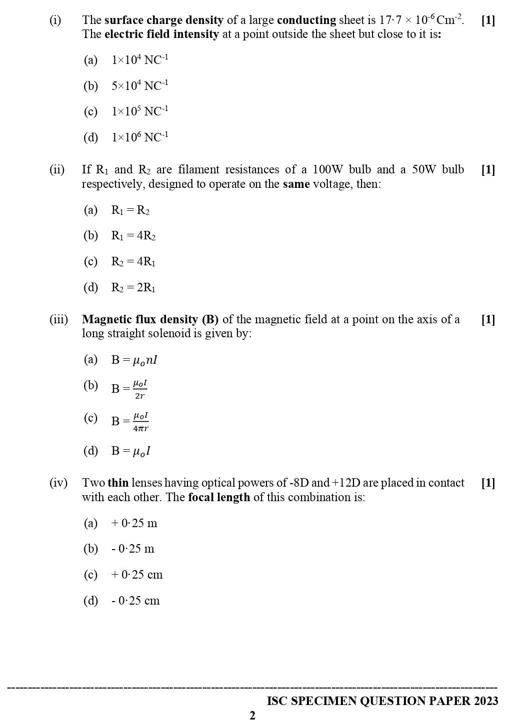 ISC Class 12 Physics Specimen Paper 2023 Image 2