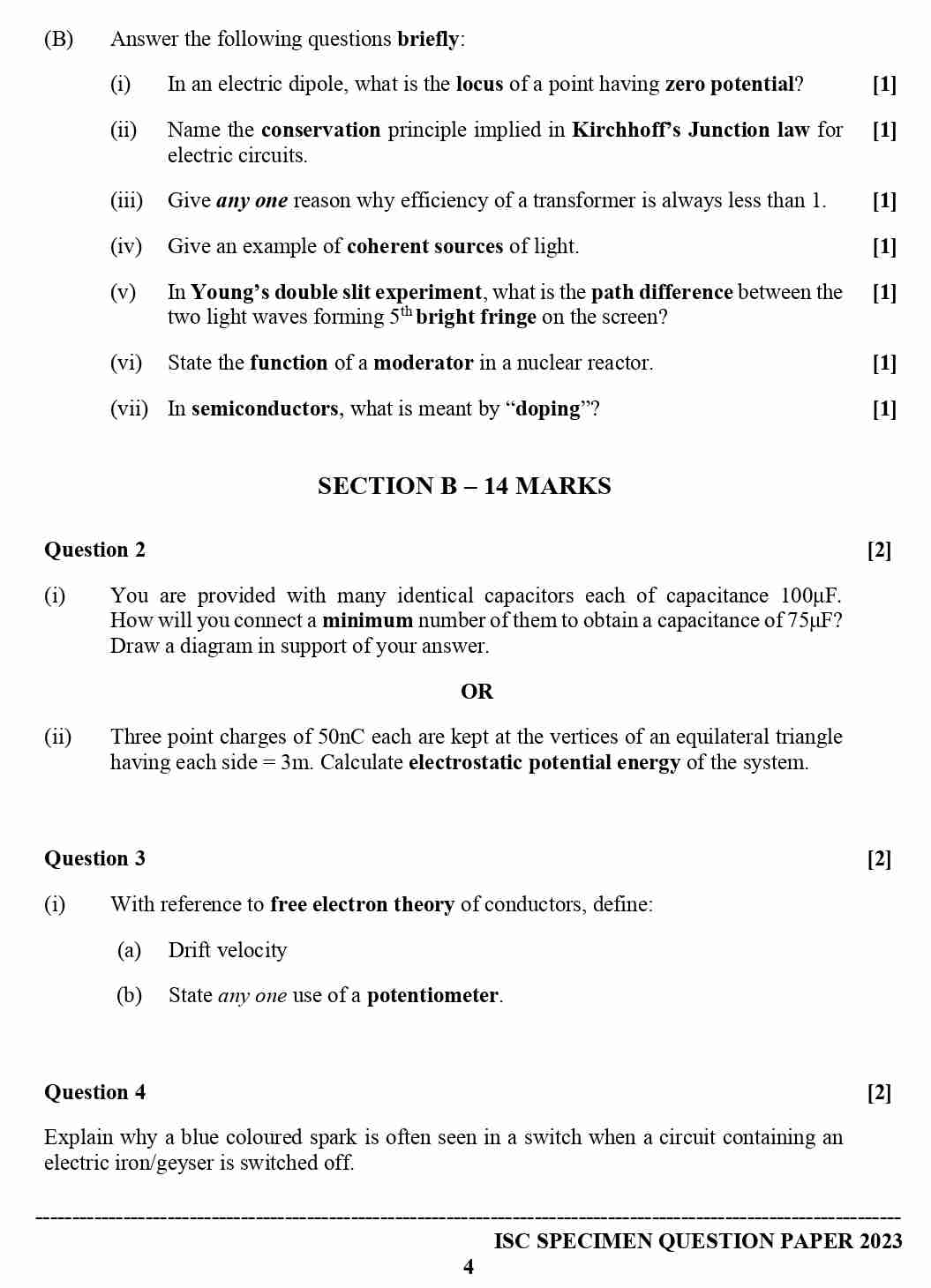 ISC Class 12 Physics Specimen Paper 2023 Image 4