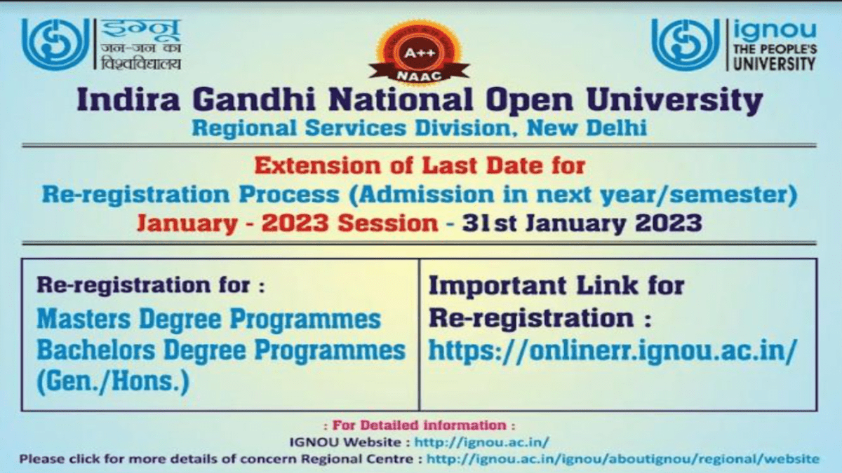 Ignou January Re Registration 2023 Last Date Extended Again Till Jan 31 