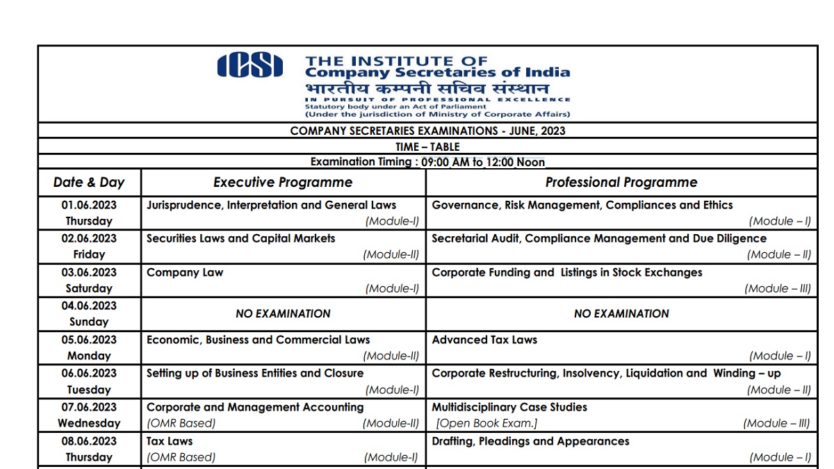 ICSI CS June 2023 Executive, Professional courses Exam dates out