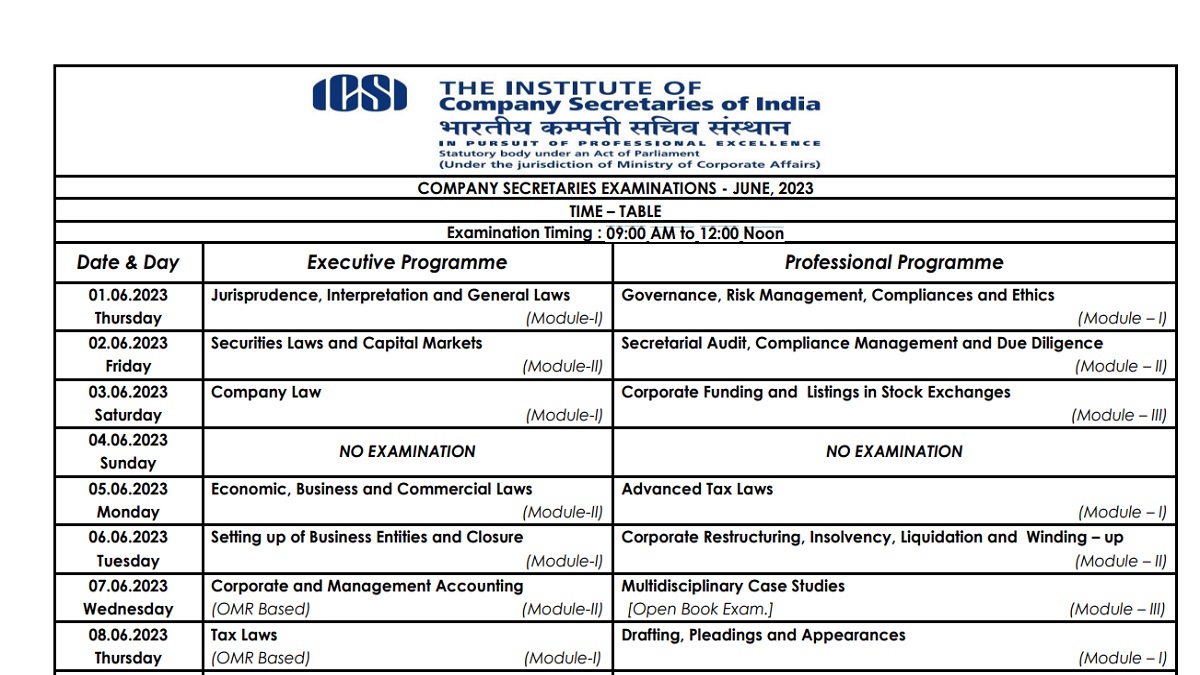 ICSI June 2023 Exam Schedule Released, Check Exam Dates and Timetable Here