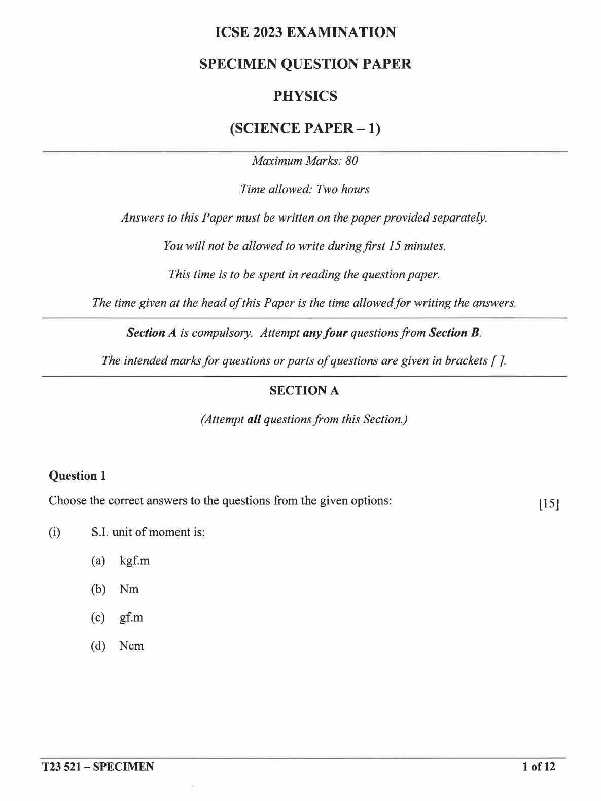 ICSE Physics Specimen Paper 2023 Image 1