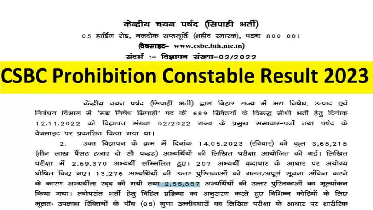 CSBC Bihar Police Prohibition Constable Result 2023